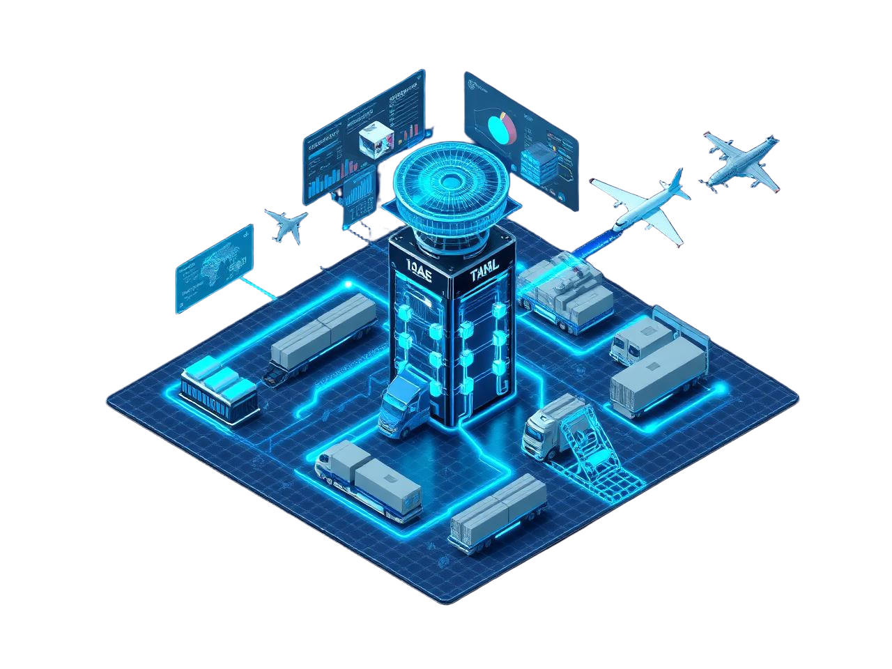 Isometric AI logistics control tower connecting ships, trucks, planes and warehouses
